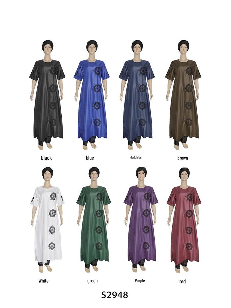 Zweiteiliges Kurzarmkleid aus mattem Stoff mit Kopftuch, Übergröße Muslimisches Damen-Langkleid