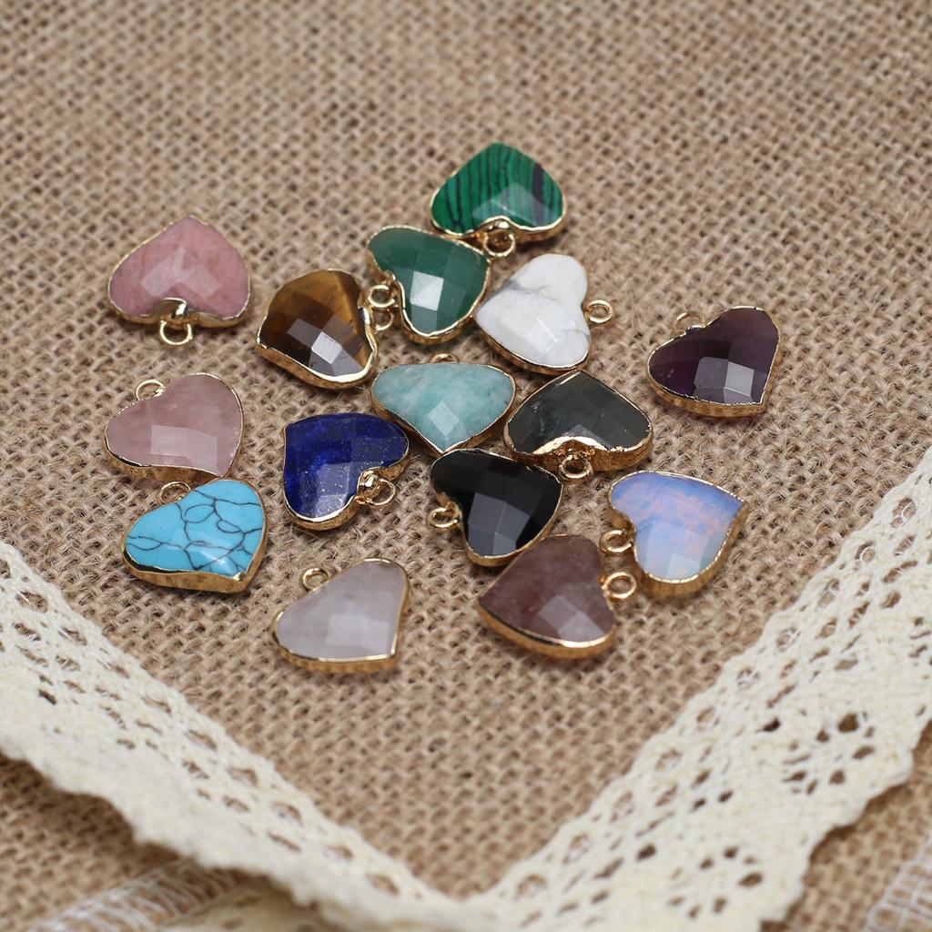 3Pcs, Heart Crystal Pendant with Golden Edging, Faceted Natural Stone Lapis Lazuli Malachite Turquoise Charms for Jewelry Making DIY Crafts 18×18mm