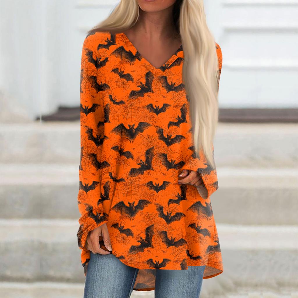Dámské módní a ležérní tričko s halloweenským potiskem, s dlouhým rukávem, výstřihem do V, středně dlouhé