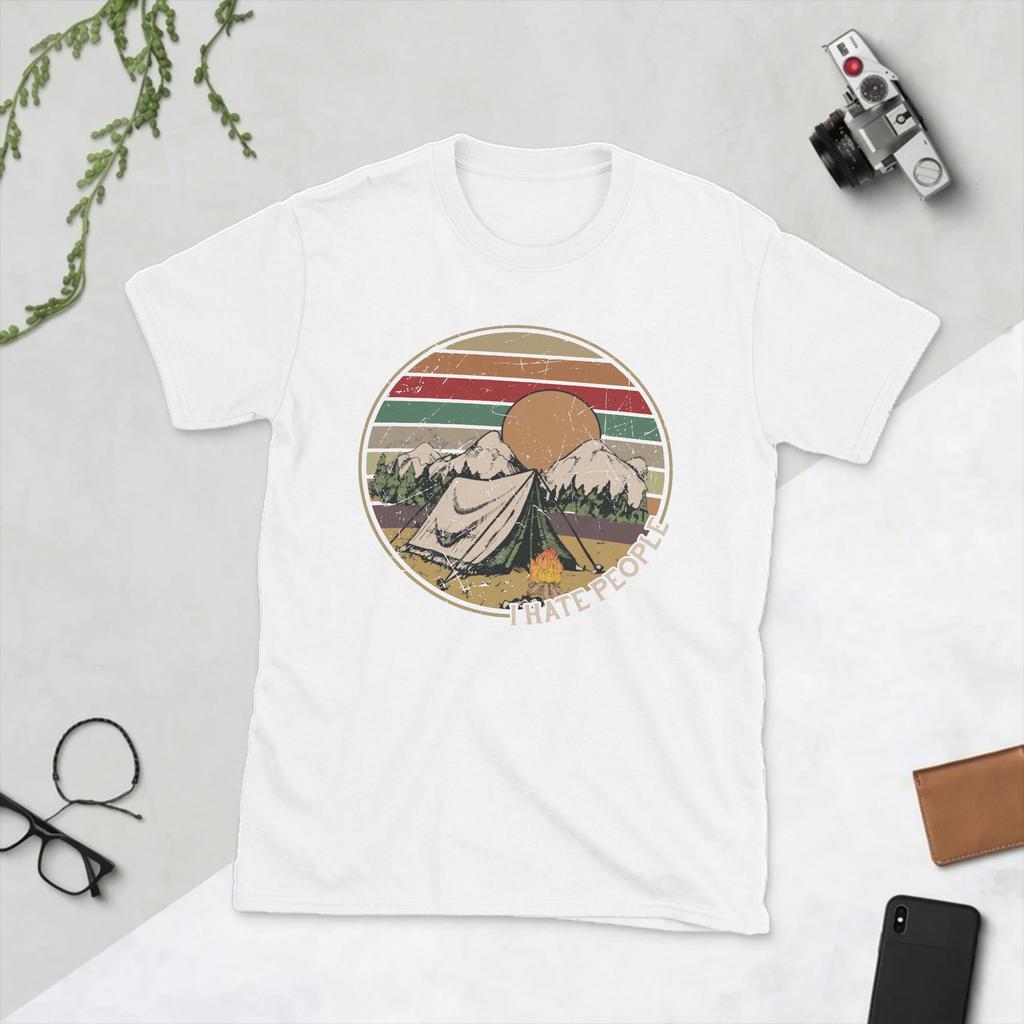 Love Camping I Hate People Vintage T Shirts for Unisex Cotton TShirts Round Collar Camping Hiking Tee Shirt Short Sleeve Clothes