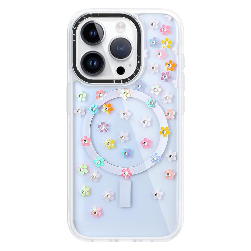 

JAUCASE For iPhone 14 Pro Rhinestone Decor Flower Laser PC+TPU Phone Cover Compatible with MagSafe A