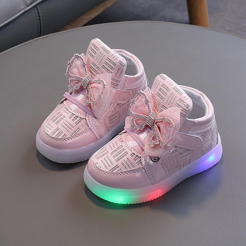 Kids Glowing Light Up Sneakers Girls Bowknot Princess Toddler Walking Sports Shoes