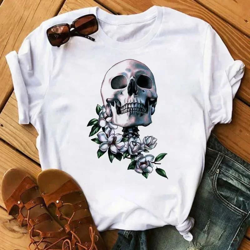 New Cartoon Mama Leopard Turban Skull Print Women Tshirts Casual Oneck Tops Loose Harajuku White T Shirt Korean Style Clothes