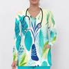 Women Plus Size Abstract Printed Nurse Scrub Top V Neck Long Sleeve With Front Pockets