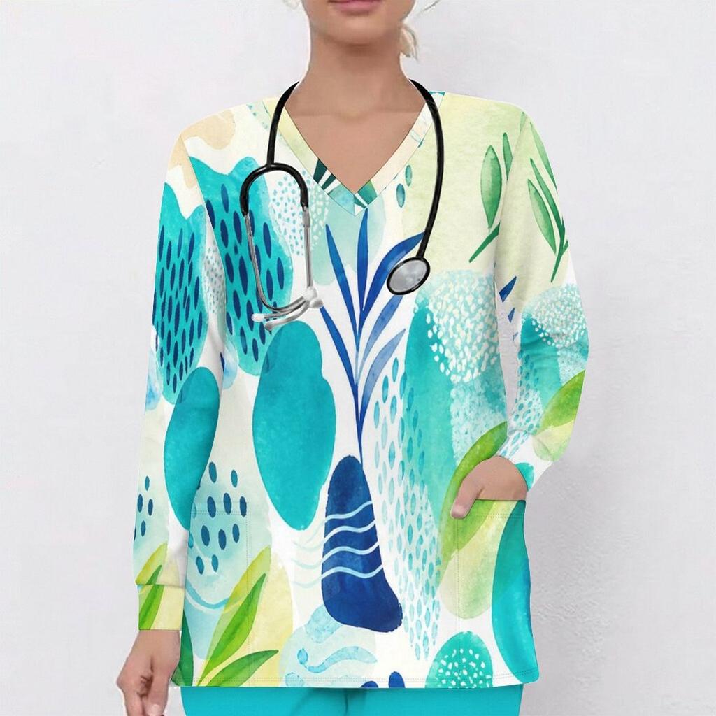Women Plus Size Abstract Printed Nurse Scrub Top V Neck Long Sleeve With Front Pockets