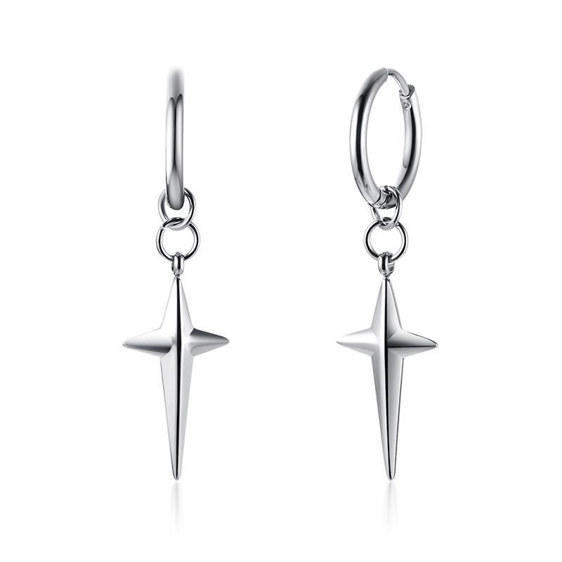Stainless Steel Four Pointed North Star Huggie Hoops Earrings for Men Piercing or No Piercing Cross Jewelry Gift for Her Him