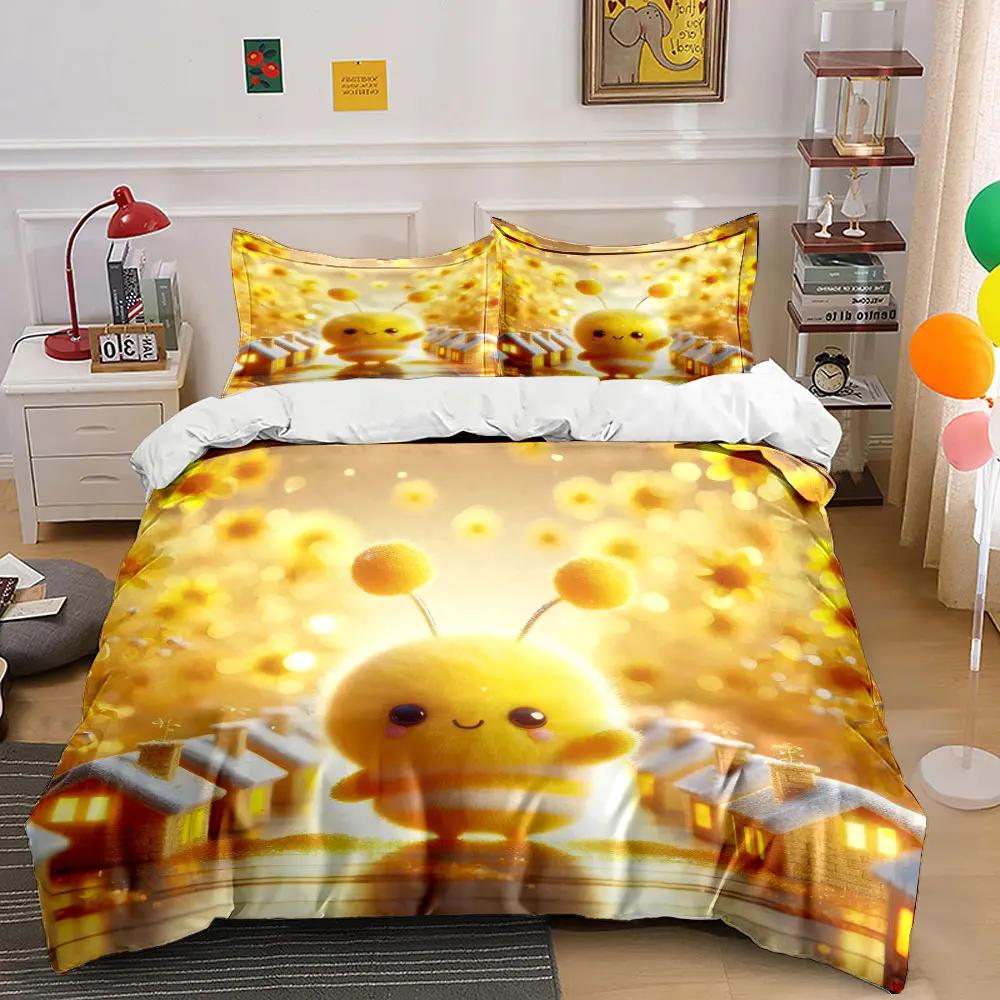 Ensemble de décoration abeille mignon – Ornement de maison Couette douce et confortable Ensemble de literie Comprend 1*Housse de couette & 2*Taies d'oreiller cadeau