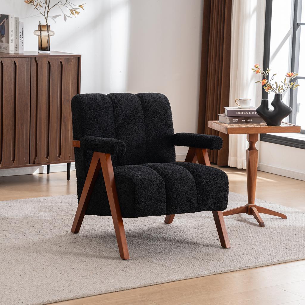 Bouclé Accent Seating with Wooden Frame, Armchair for Living Room, Bedroom, Black