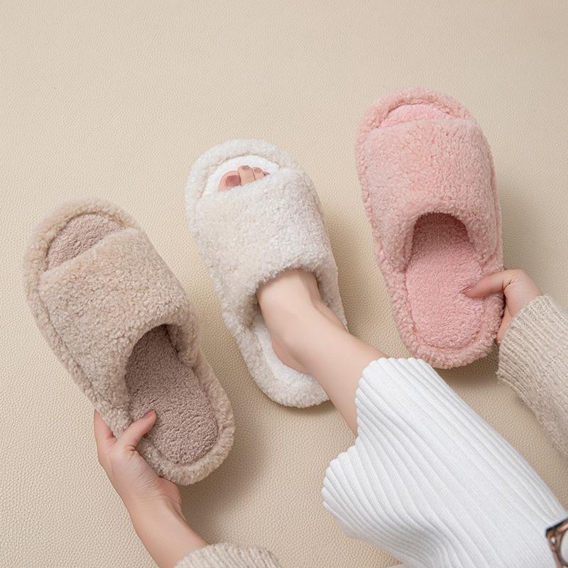 Solid color open cotton slippers ins fluffy slippers basic home plush slippers