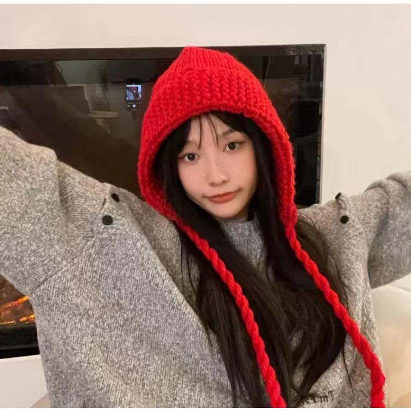 Sweet and Cute Little Red Hat Women's Autumn and Winter Knitted Wool Lace-up Ear Protection Hat Korean Version Warm Versatile Hat Trendy