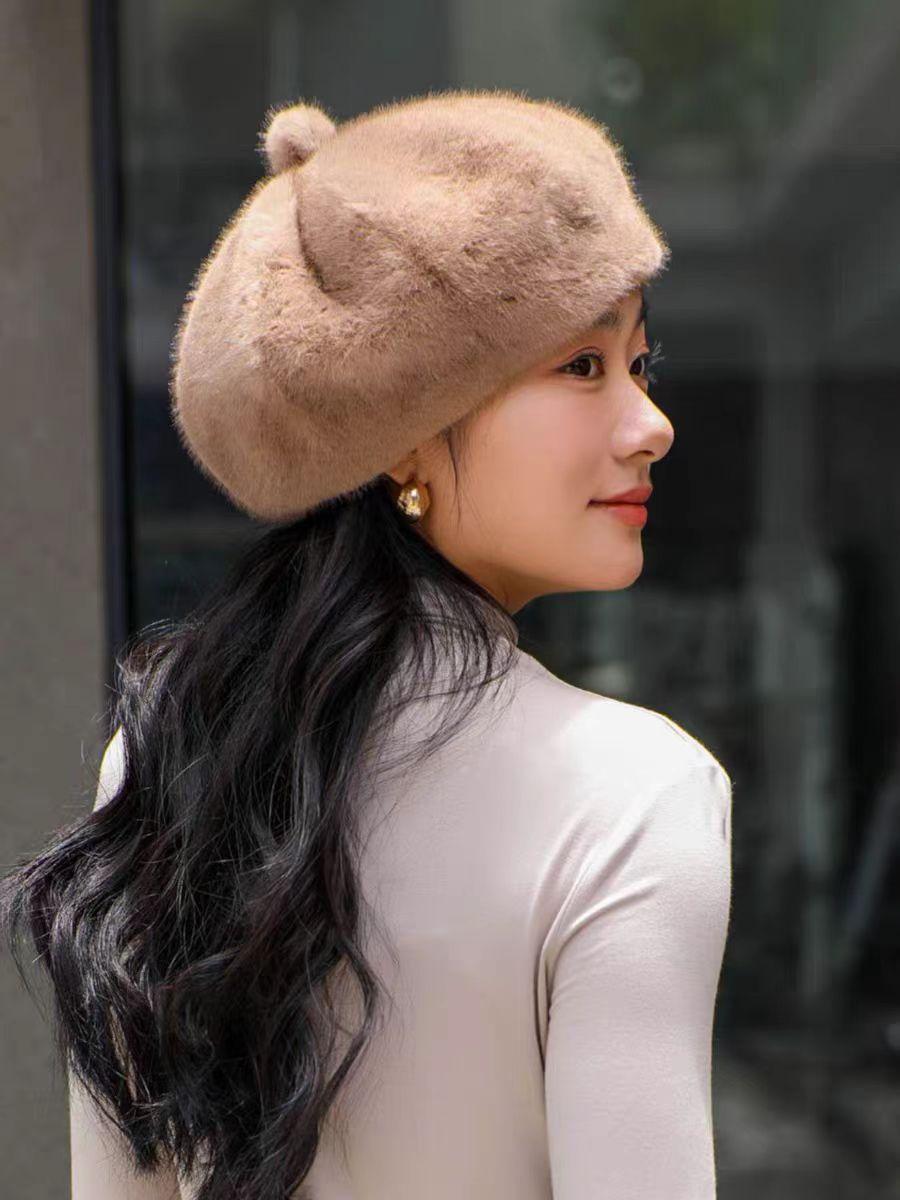 

Женская бархатная шапка из искусственного меха для путешествий на зиму, теплая шапка из искусственной кожи, восьмиконечная шляпа, благородное качество, модный берет из искусственного меха норки кофейный