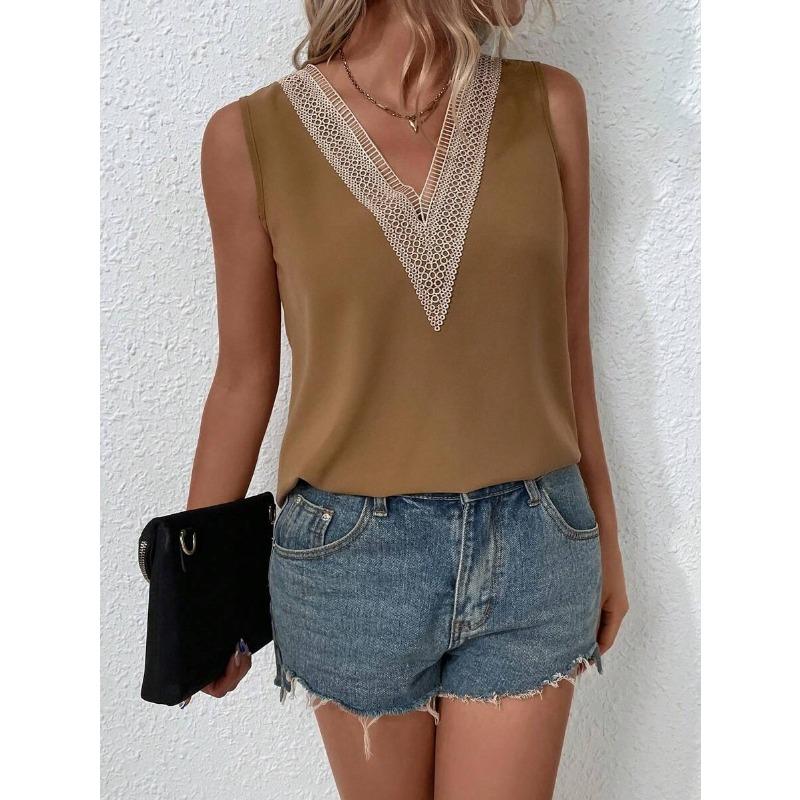 

Женская кружевная атласная рубашка с лоскутным верхом, свободные блузки и рубашки без рукавов на весну и лето XL коричневый