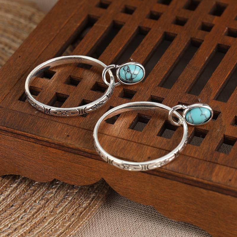 Vintage Red Green Synthetic Turquoise Hollow Circle Dangle Earrings Women Bohemian Style Silvery Plated Holiday Jewelry