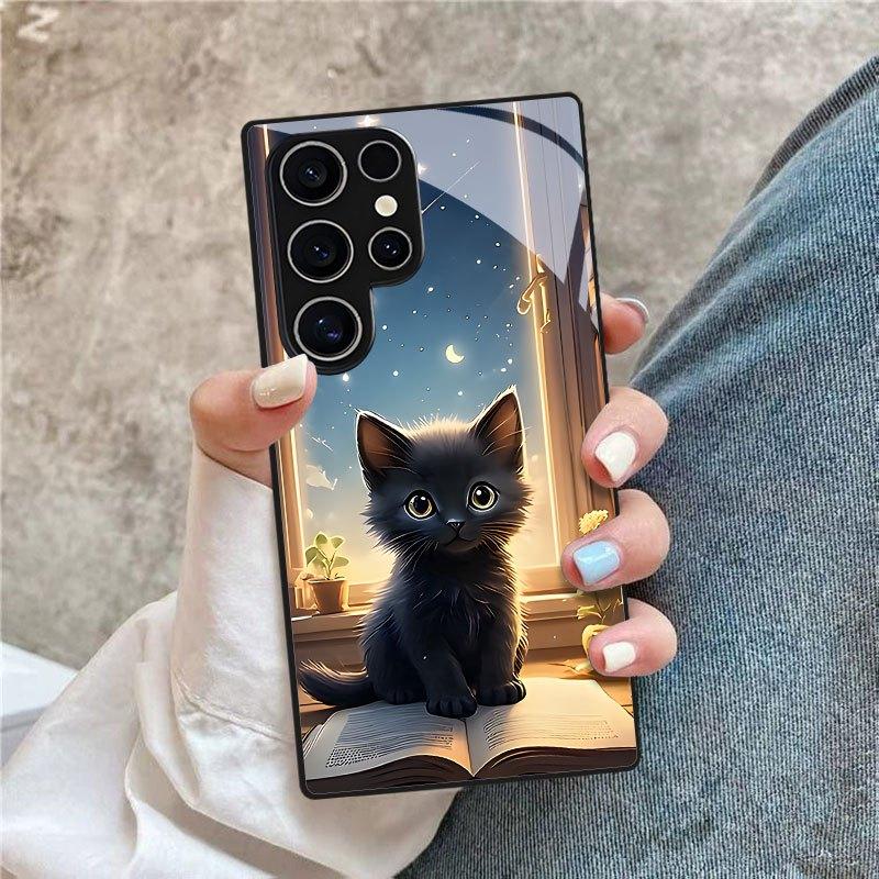 Schwarzes Katzenmuster Glas Handyhülle geeignet für Samsung Galaxy S26 S25 S24 S23 S22 S20 FE/Ultra/Plus staubdicht und stoßfest