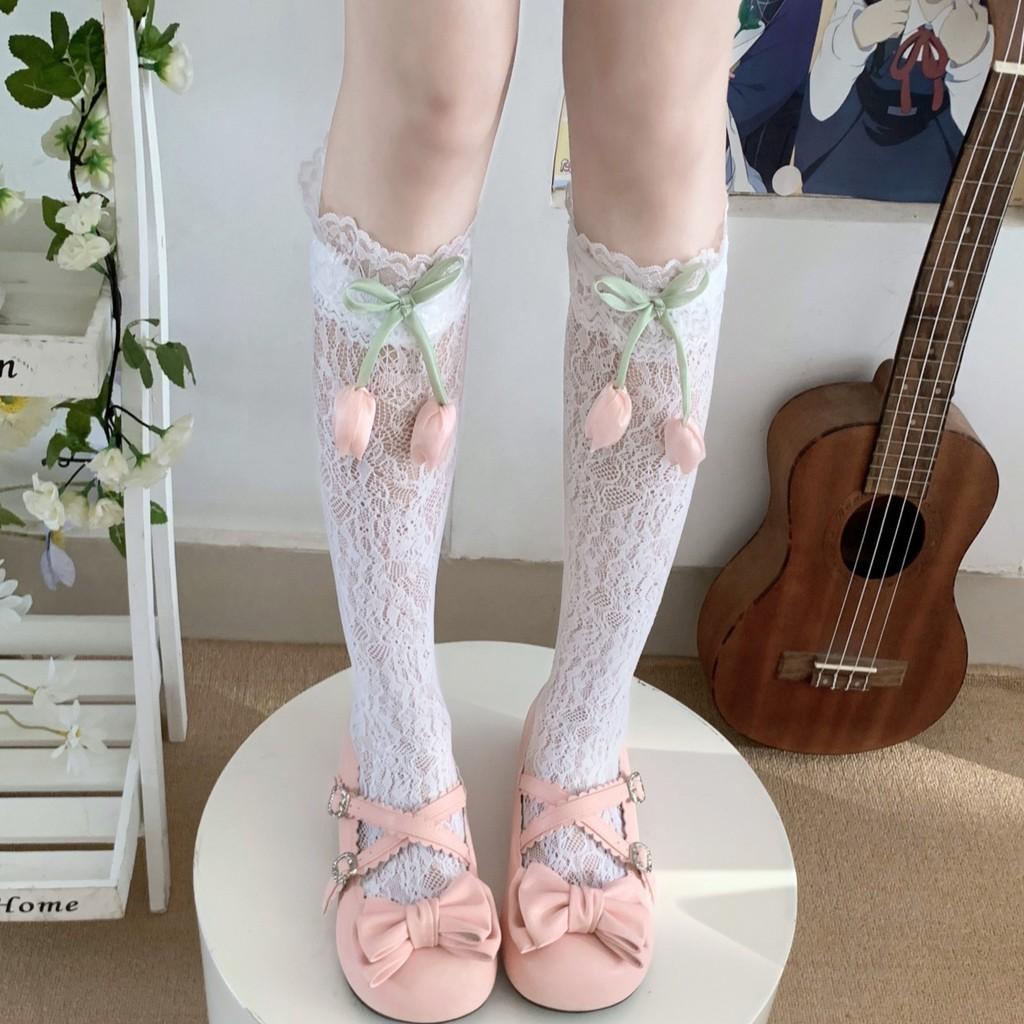 Lolita Sweet Spring Summer Knee High Socks With Lace Border And Bow For Girls