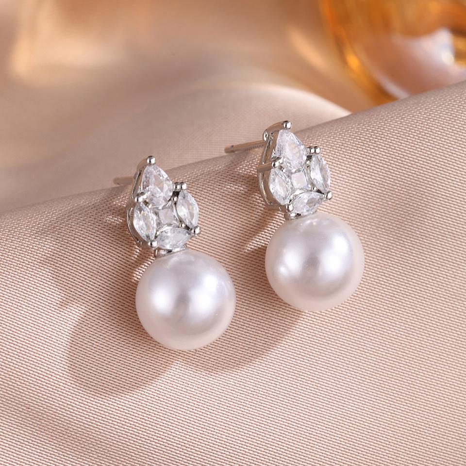 ZAKOL Fashion Water Drop CZ Zircon Imitation Pearl Stud Earrings For Women Elegant Wedding Party Bridal Jewelry