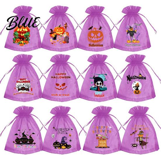 Party Favor Bag 12 Pcs Halloween Organza Candy Bag Drawstring Treat Pouch with Pumpkin Ghost Bat Trick or Print Sheer for Snacks Gift Packaging