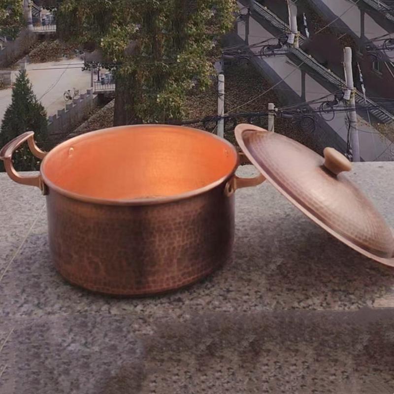 Vintage Copper Pot,Outdoor Camping Thickened Pot With lid Cooking Utensil Simmering Pasta Stewing,Handcrafted Hammer Texture Pot