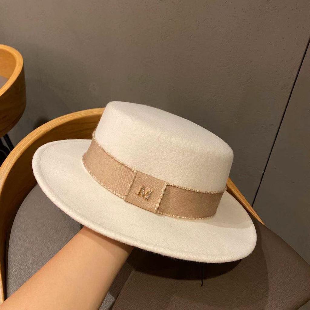High-Quality M-Standard Eaves Double-Sided Pure Wool Flat-Top Top Top Hat, Autumn And Winter Temperament Elegant Korean Webbing Jazz Hat Tide