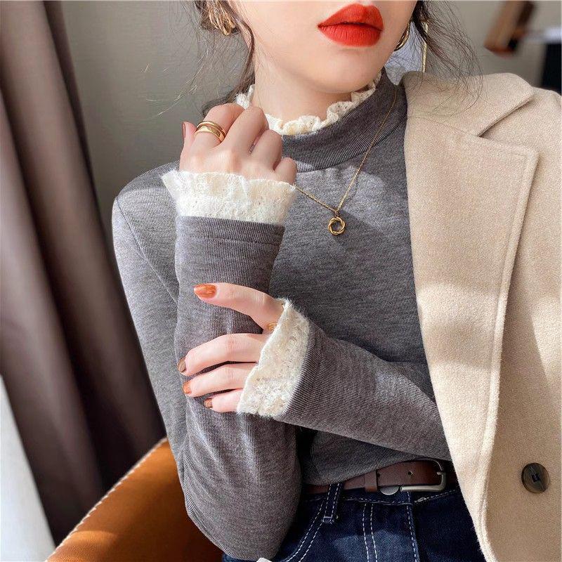 

Кружевной бархатный топ с высоким воротником для женщин - Элегантный, теплый и утолщенный для осени/зимы 2XL (65-75 kg) темно-серого