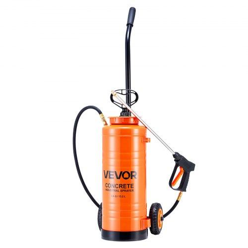 VEVOR Industrial Concrete Sprayer with Wheeled Cart, 14L Stainless Steel Sprayer, Heavy Duty Tri-Poxy Pump Sprayers, 52cm Wand, 1.2m & 3m Hoses