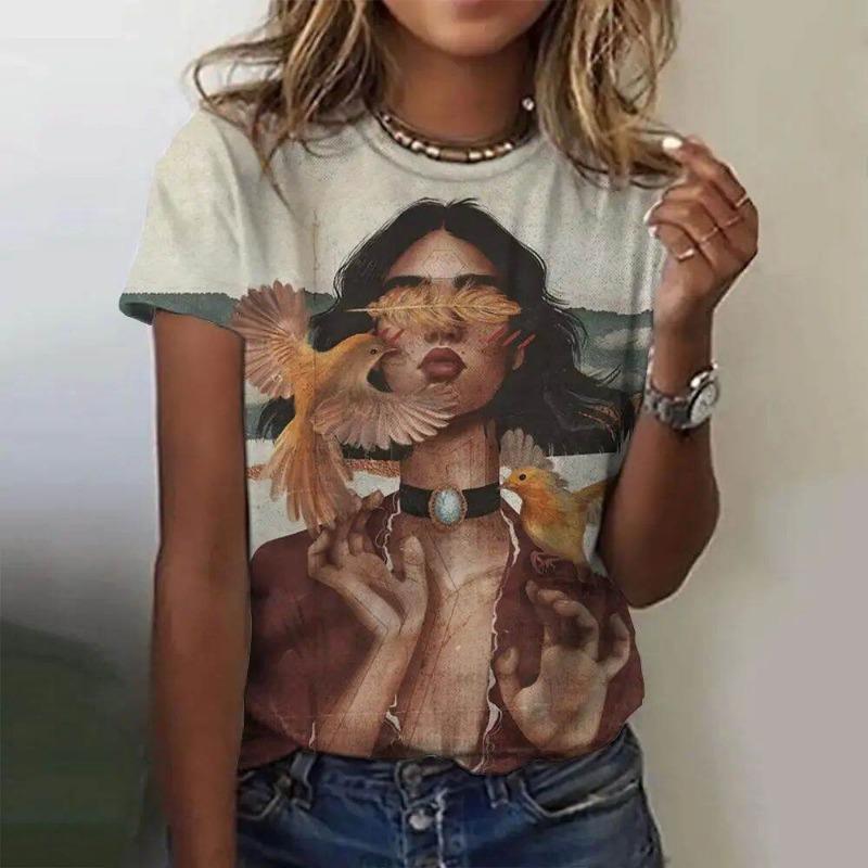 Women's round Neck Short Sleeve T-shirt Animal Print 3D Printing Street Style Loose Fit Summer Casual Wear Polyester Material
