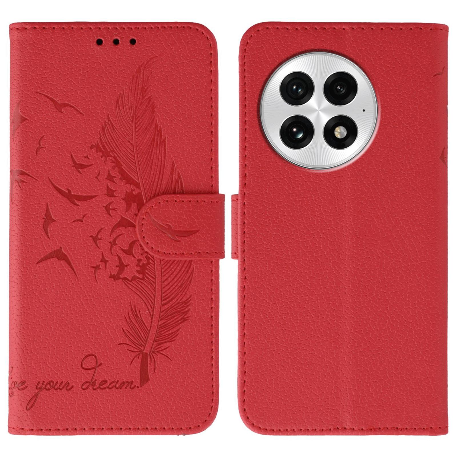 

For OnePlus 13 Case Feather Imprint PU Leather Wallet Phone Cover Red