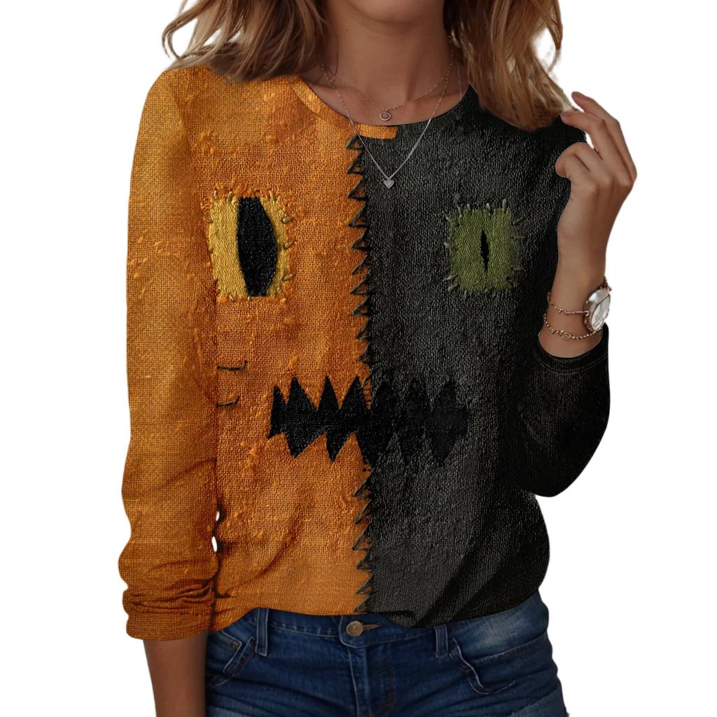 Women's Halloween Long Sleeve Printed Crewneck T-Shirt, Casual Fall Top
