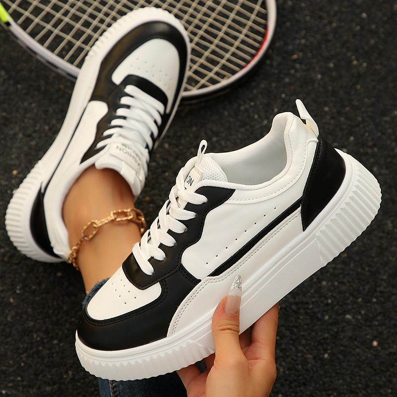 Fashion Black White Chunky Platform Sneakers Women Spring Autumn Lace Up Thick Bottom Vulcanizd Shoes Woman Pu Leather Sports Sneakers