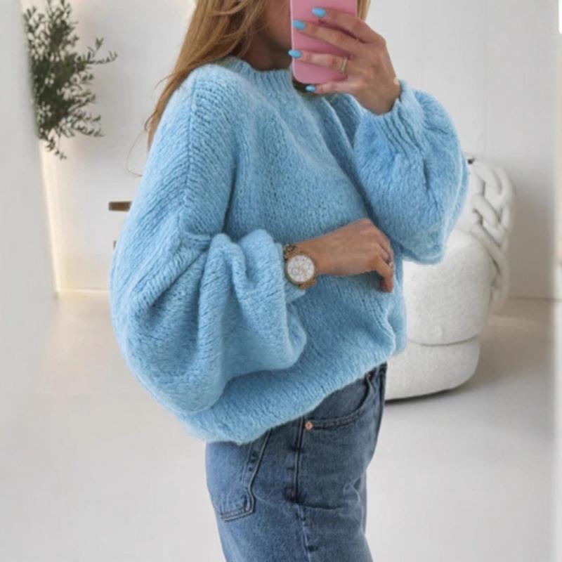 2025 Autumn and Winter Women's Loose Lantern Sleeve Sweater Round Collar Pullover Solid Color Knitted Sweater