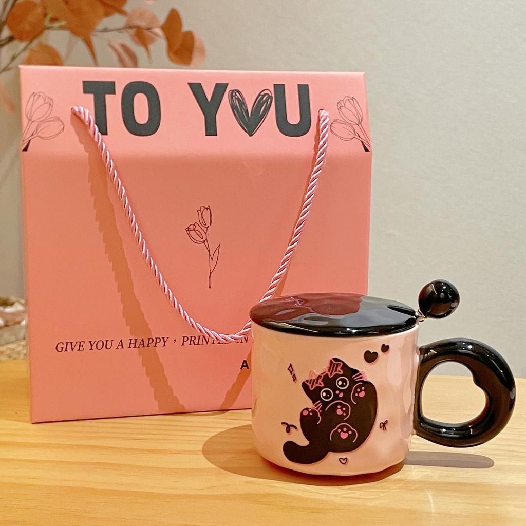 New Birthday Gift for Girls Cute Cat Cup Ceramic Mug with Lid Practical Souvenir Gift Box