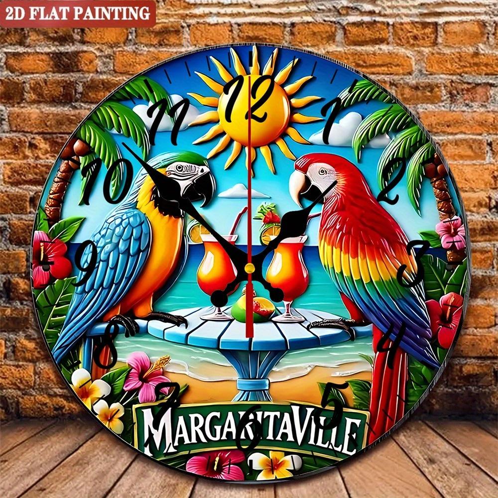 

Margaritaville Wall Clock. Tropical parrot & cocktail design for home bar. A unique gift.