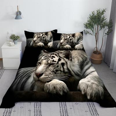 Bianchi Tigri 3D Biancheria da Letto Animali Set Lenzuolo Tigre Lenzuolo Piano con Federa Poliestere Morbido Tessile per la Casa Stile Misura King