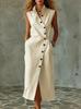 European and American solid color sleeveless dress women's summer lapel breasted breathable waist temperament dress