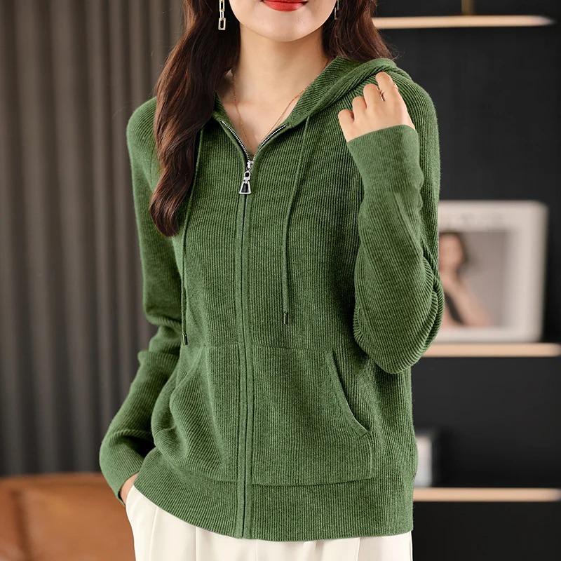 Damen Herbst Winter Wollmischung Pullover Mit Kapuze Verdickt Gestrickt Reißverschluss Strickjacke Mit Tasche Basis Mantel