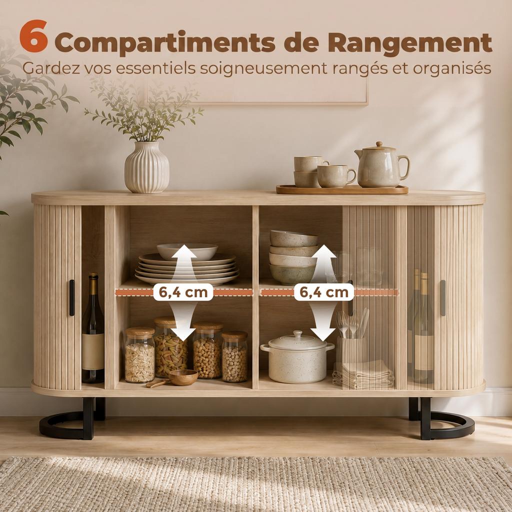 Living Room Sideboard, Oval, 2 Sliding Doors, Adjustable Shelves, 140 x 40 x 75 cm, Natural Wood