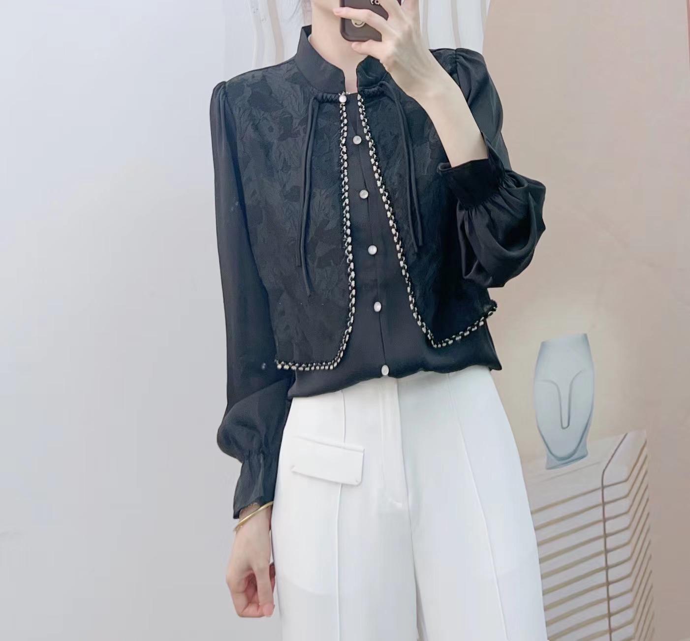 

Spring 2026 New French Style Button-Up Patchwork Shirt - Long Sleeve Top L (54-59 kg) чёрный