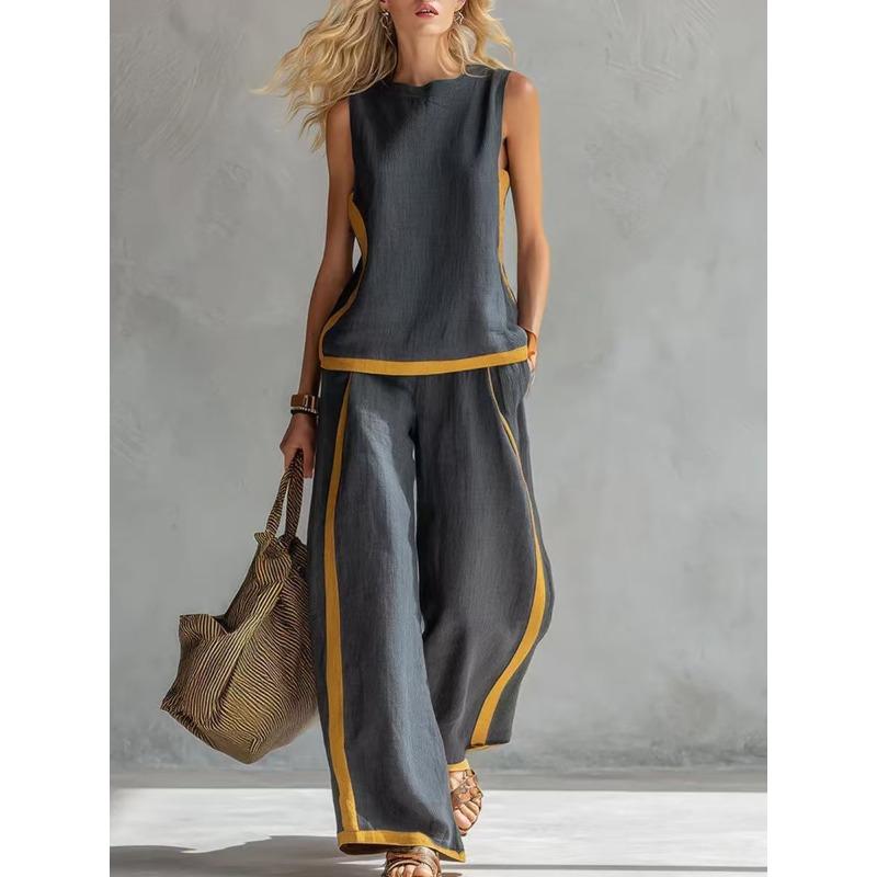 Women's Round Neck Sleeveless Loose Fit Color Block Two Piece Set Contrast Patchwork Wide Leg Pants Outfit For Spring Summer Casual Daily Commute