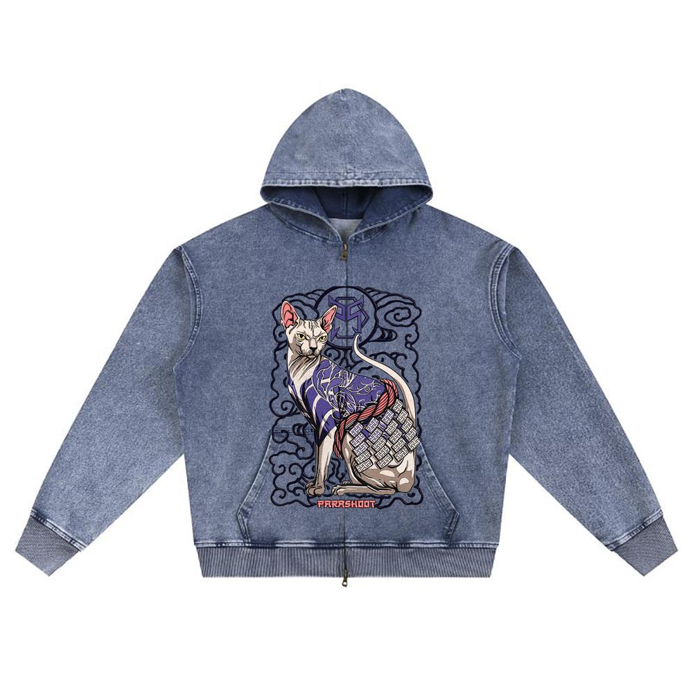 DTG print Knitted Denim Zip-Up Hoodie Copy of gato bordado Brother Print Zipper Hoodies  