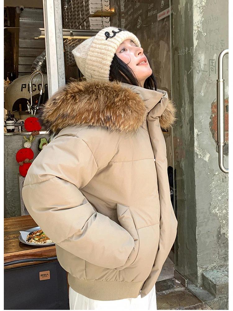 Dámská krátká bunda s velkou kožešinovou kapucí, větruodolná, zateplená, teplá zimní bunda s raglánovými rukávy