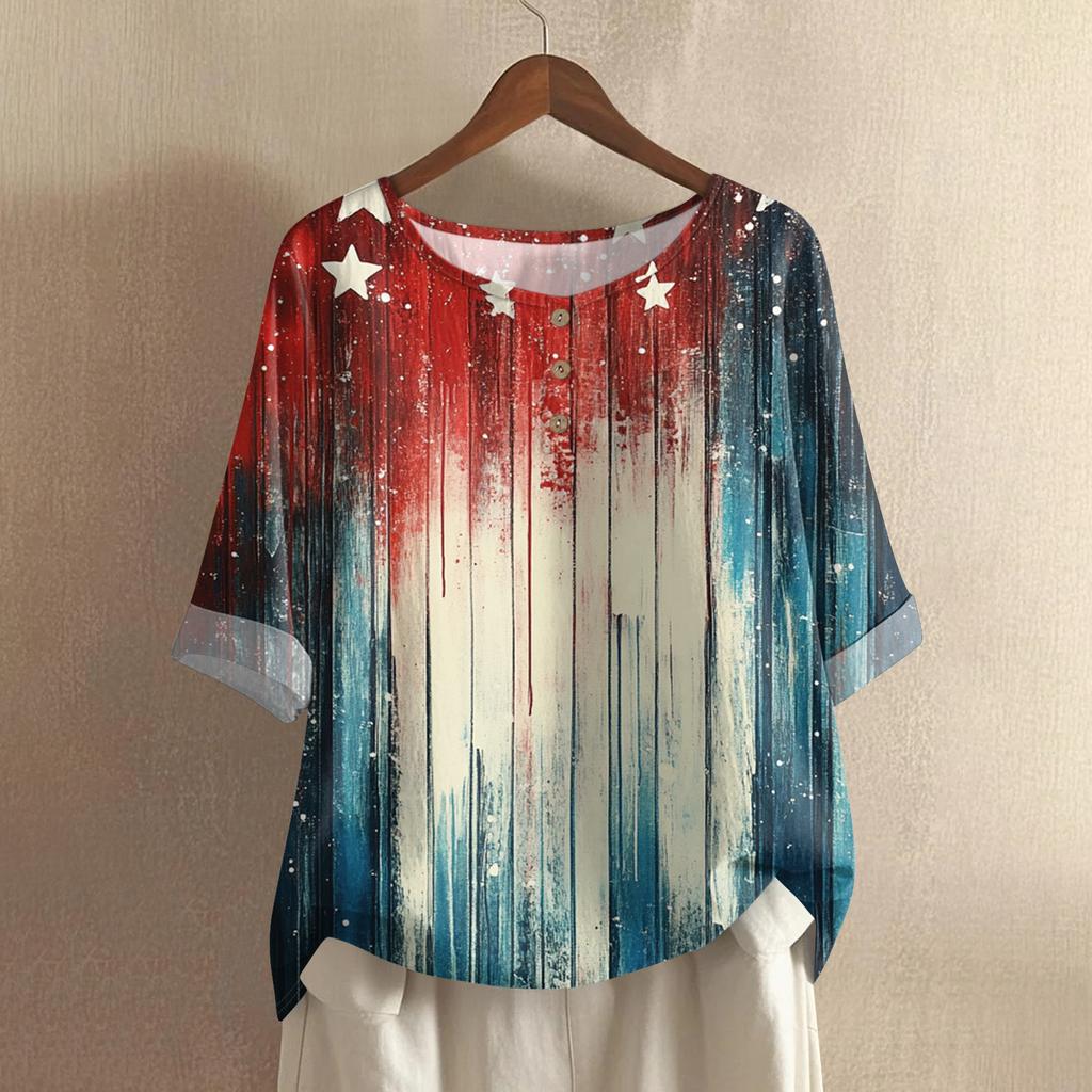 Women's Fashionable And Casual Shirt Half-sleeve Round Neck Print Cotton And Linen Blouse Top