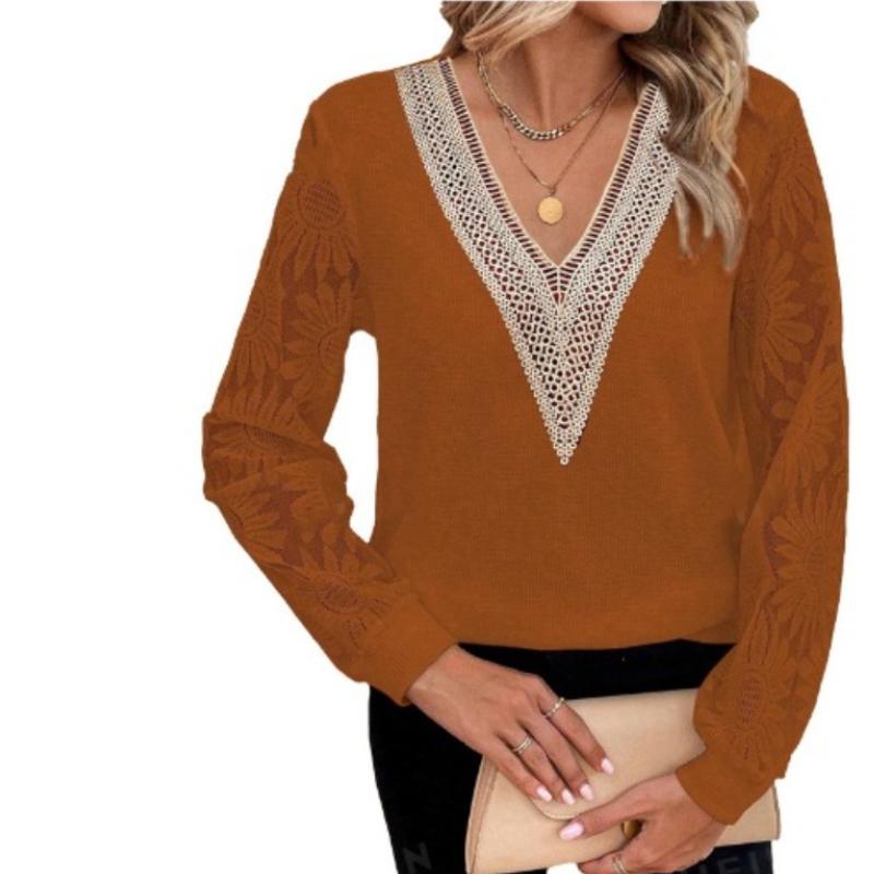 

Модная белая блузка с длинным рукавом и V-образным вырезом в стиле пэчворк, женская кружевная прозрачная повседневная рубашка, женские топы, элегантная однотонная винтажная рубашка, женская одежда 26210 M темно-коричневого