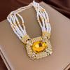 Pre-Owned Floral Geometric Rhinestone Jewelry Set with Clavicle Necklace & Earrings In Turquoise and Pearl Tones