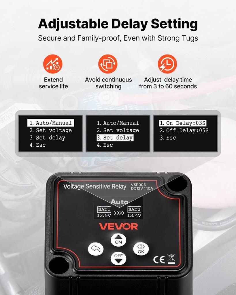 Dual Battery Isolator, 12V 140 Amp, Manual and Automatic VSR Voltage Sensitive Relay with LCD Screen, Smart Battery Isolator for Lithium & Lead-Acid