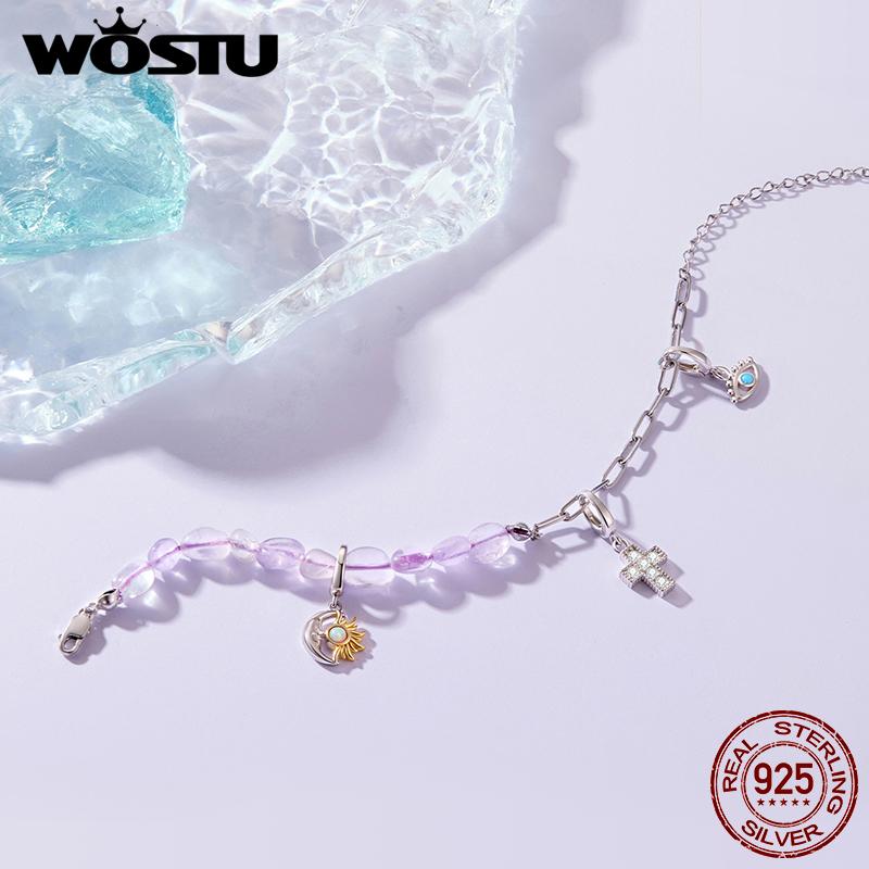 WOSTU 925 Sterling Silver Natural Blue Purple Crystal Charm Bracelet Mystical Natural Gems Chain Links Gift For Lover Family