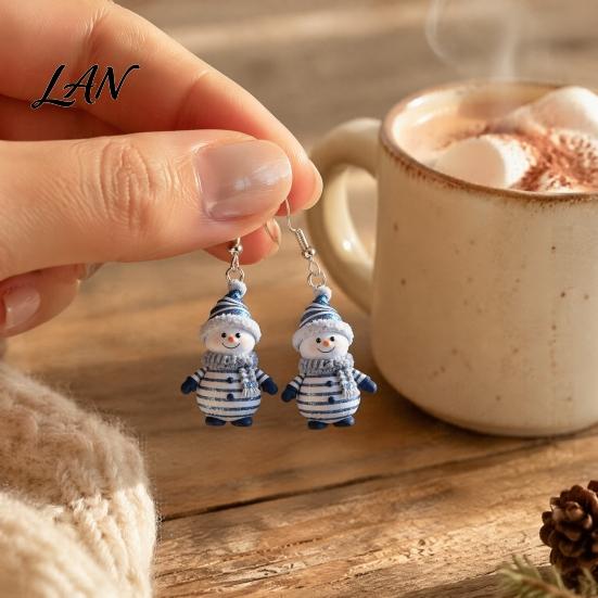 Acrylic Hangtag Earrings 1 Pair Cute Christmas Snowman Dangle Drop Earrings, Striped Design Hook Winter Holiday Party Jewelry for Women Anti-rust Ear