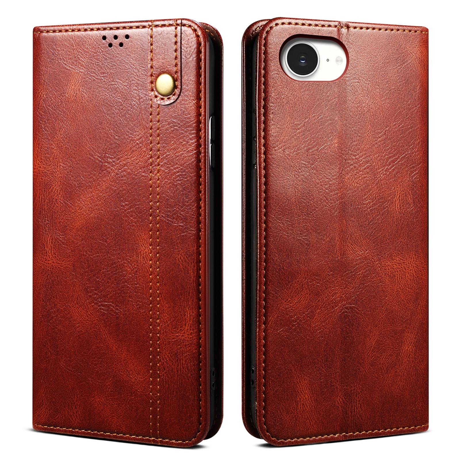 

For iPhone 16e Case Crazy Horse Texture Waxy Leather Wallet Stand Phone Cover Brown