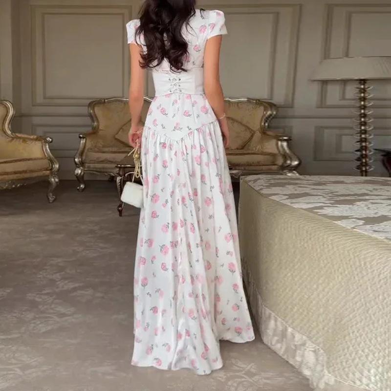 Women Long Sleeve Floral Print Maxi Dress High Neck Tiered Hem