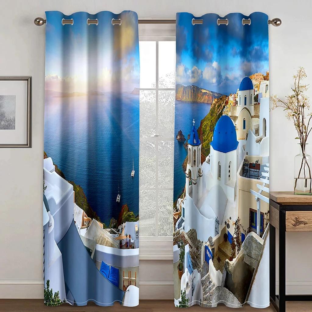 Urlaubsstil Vorhang Sea Island Strand Naturlandschaft Vorhänge für Schlafzimmer Wohnzimmer Hotel Heimdekor Fenster 2 Paneele