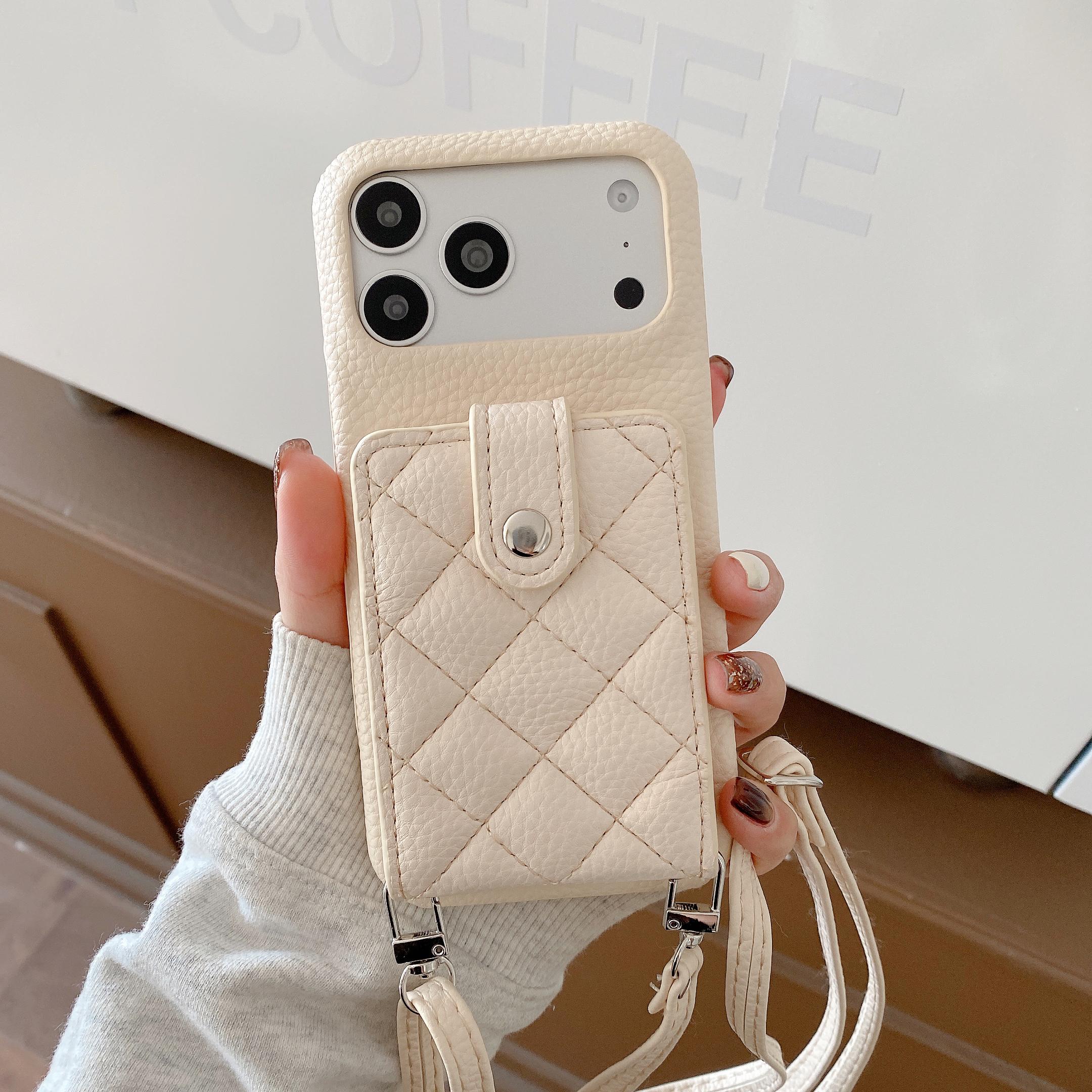 

Кожаный чехол-книжка с магнитом, узор личи, ромбы, для iPhone 17 Pro Max 16 Plus 15 14 13 12, с кармашком, для ношения через плечо iPhone 13 mini бежевый